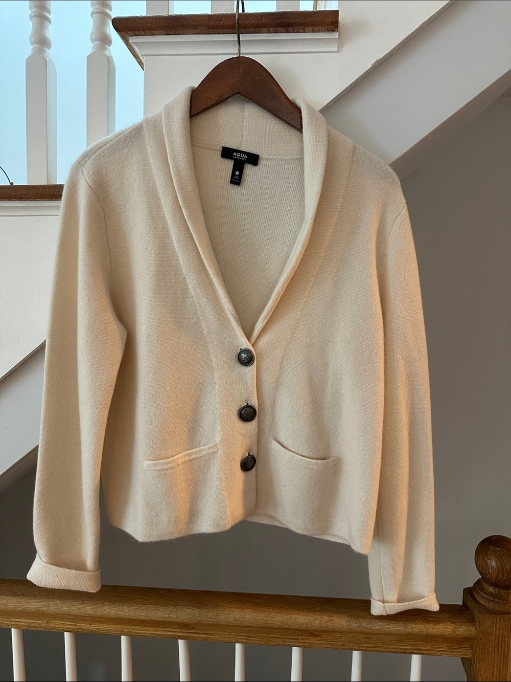Aqua Cream cashmere Shawl-Collar Button Front Cardigan NWT